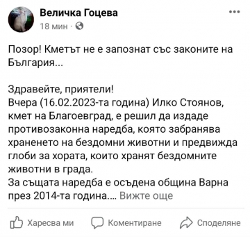 В социалната мрежа ври и кипи заради забраната за хранене на бездомни животни в Благоевград, гражданка пише: Позор! Кметът не е запознат със законите на България...