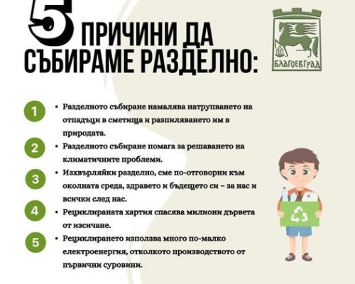 Kампания на тема опазване на околната среда и разделно събиране на отпадъци се провежда в учебни заведения в Благоевград