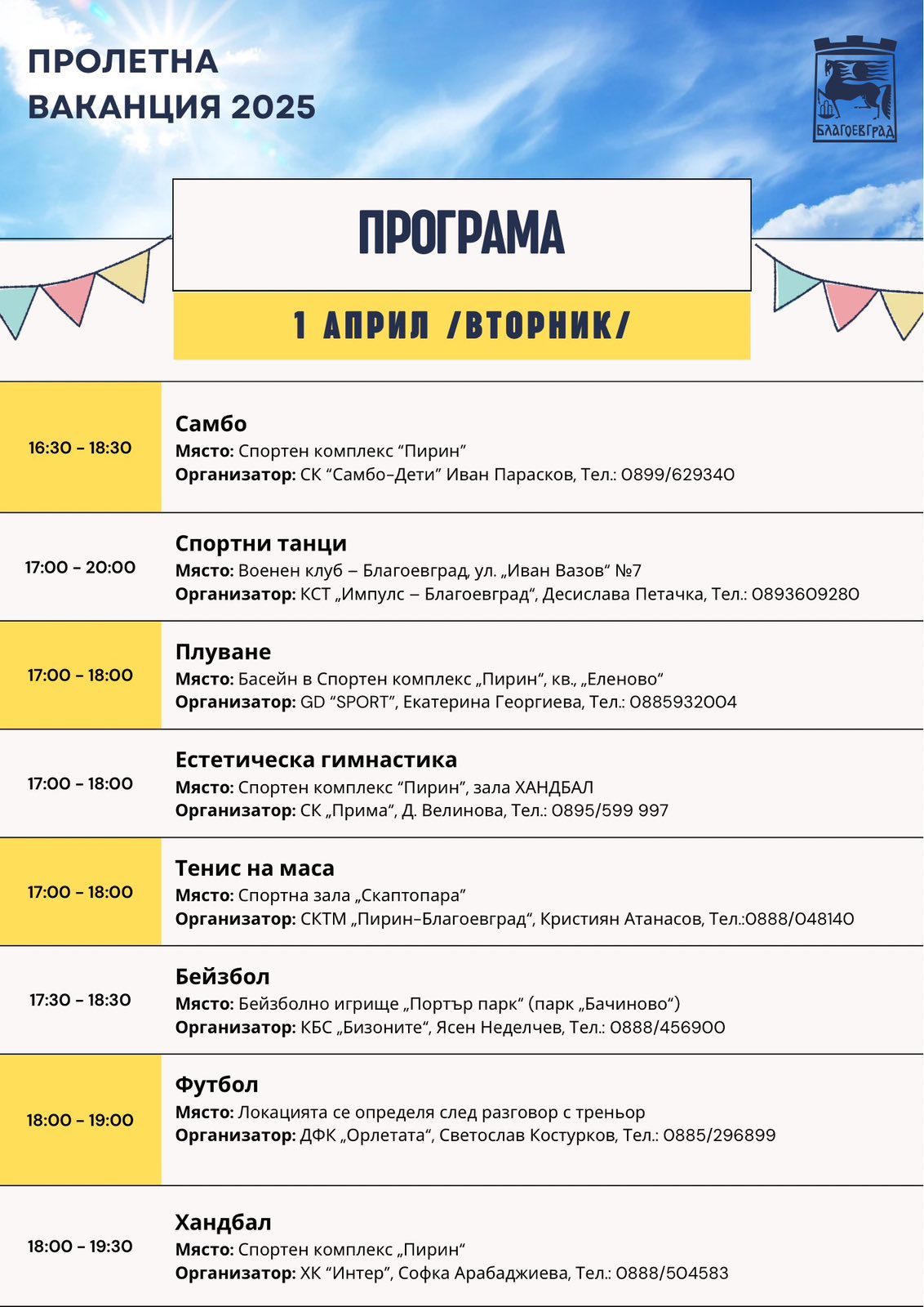 Община Благоевград и спортните клубове организират безплатни занимания за учениците през пролетната ваканция