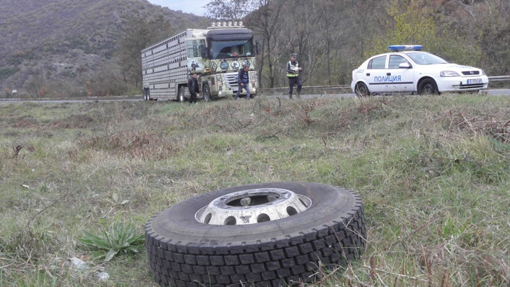 Две гуми от влекач на ТИР излетяха по време на движение и удариха лек автомобил на ГП Е-79 край Симитли, по чудо няма пострадали
