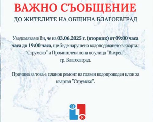 Временно спират водата в кв. Струмско