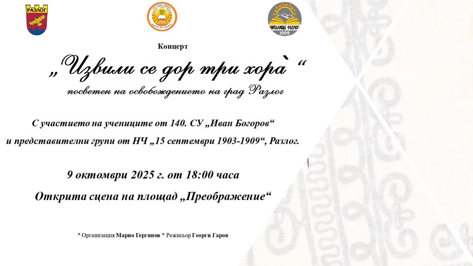Важно:  Концертът Извили се дор три хора се премества в големия салон на читалището в Разлог