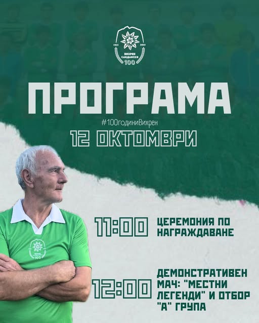 Футболен клуб Вихрен Сандански празнува 100-годишен юбилей Футболен клуб Вихрен Сандански празнува 100-годишен юбилей