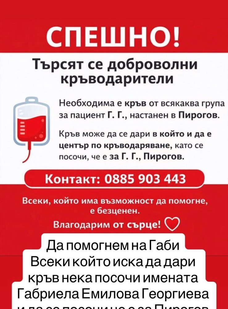 СПЕШНО: Оцелялата в катастрофата край Бобов дол, 25-годишна Габриела има нужда от кръводарители!