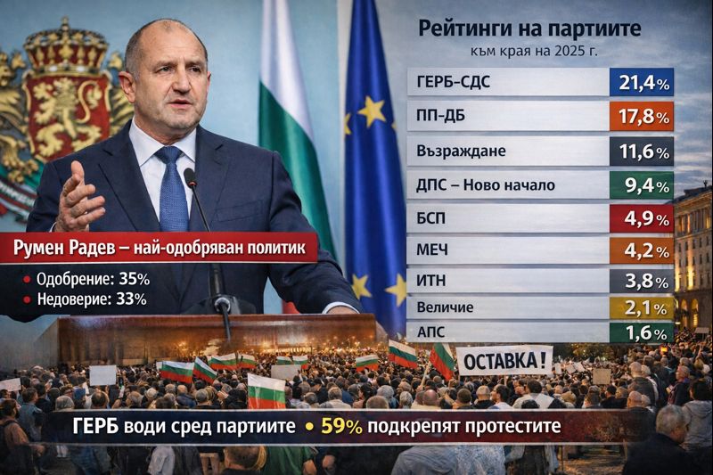 В края на 2025 г.: Румен Радев остава най-одобряваният политик в България, ГЕРБ води сред партиите