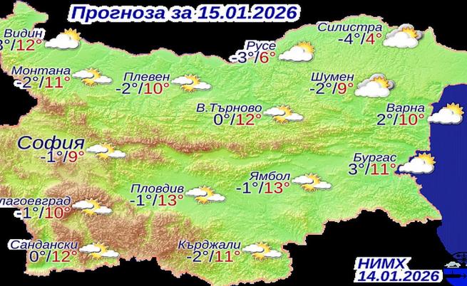 Слънчев четвъртък ни очаква, Югозападна Българая се температури 10 и 12 градуса