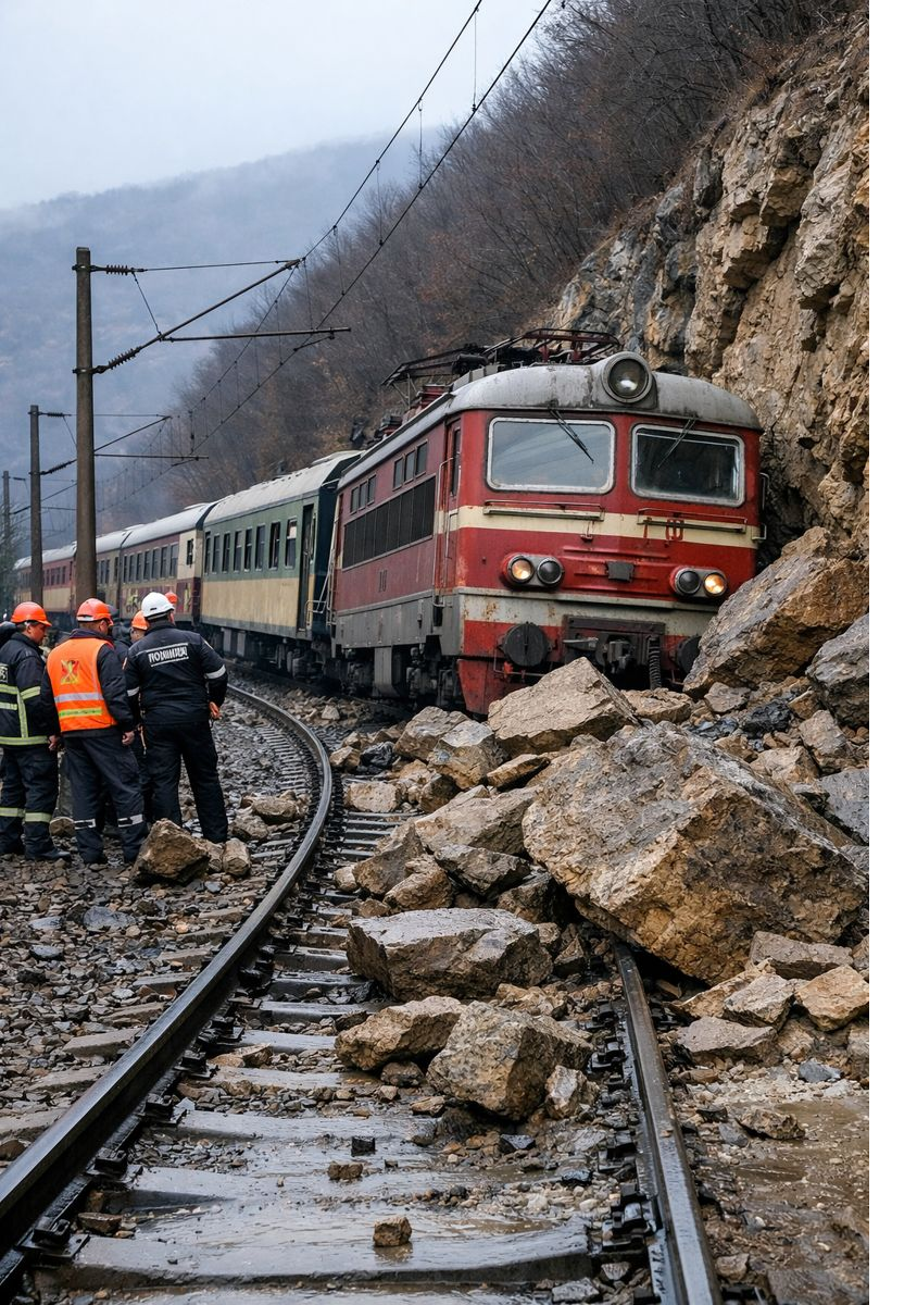 Влак за Кюстендил дерайлира край Земен заради паднала скална маса Влак за Кюстендил дерайлира край Земен заради паднала скална маса
