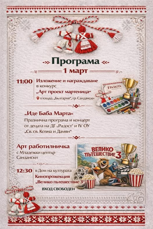 В ОЧАКВАНЕ НА БАБА МАРТА! Община Сандански ще награди най-добрите в състезанието АРТ ПРОЕКТ МАРТЕНИЦА В ОЧАКВАНЕ НА БАБА МАРТА! Община Сандански ще награди най-добрите в състезанието АРТ ПРОЕКТ МАРТЕНИЦА