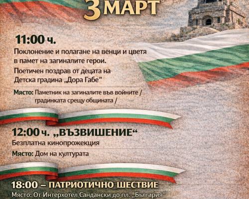 С тържествена и богата програма Община Сандански ще отбележи Националния празник на Република България-3 март