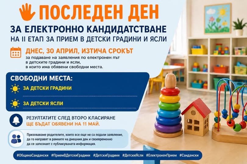 Последен ден за електронно кандидатстване на II етап за прием в детски градини и ясли в Община Сандански Последен ден за електронно кандидатстване на II етап за прием в детски градини и ясли в Община Сандански