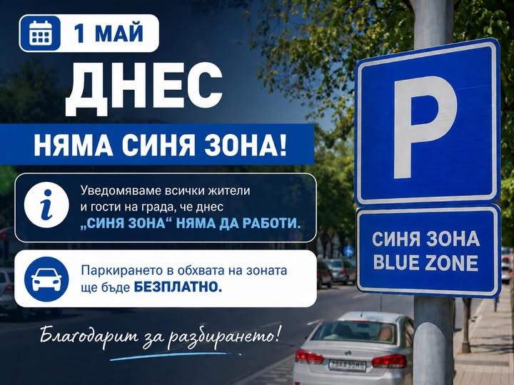 Безплатно паркиране в Сандански на Ден на труда,   Синя зона  не работи