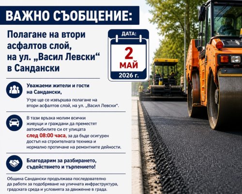 Временна организация на движението в Сандански заради асфалтиране на ул.  Васил Левски  на 2 май