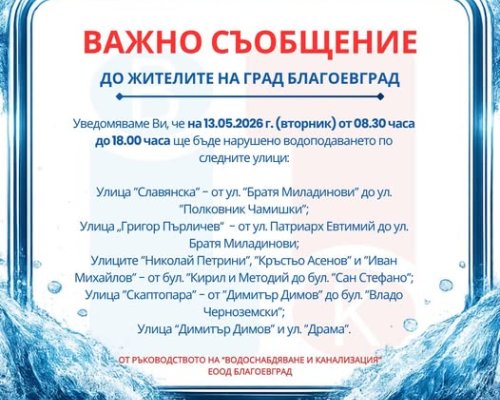 Временно спиране на водата в централна част на Благоевград на 13.05.2026 г.
