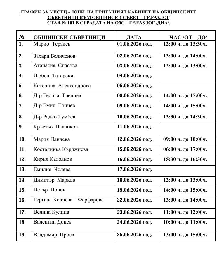 График на приемния кабинет на общинските съветници в Разлог за юни 2026 г. График на приемния кабинет на общинските съветници в Разлог за юни 2026 г.