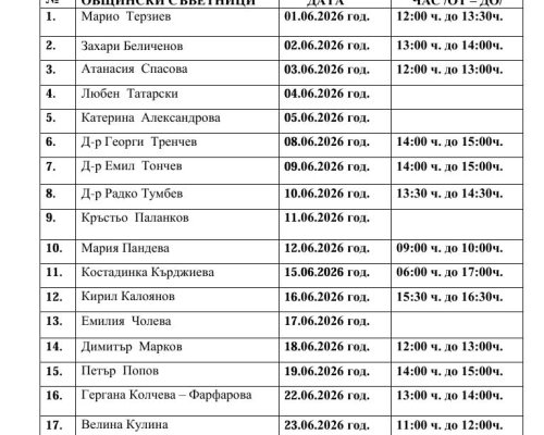 График на приемния кабинет на общинските съветници в Разлог за юни 2026 г.