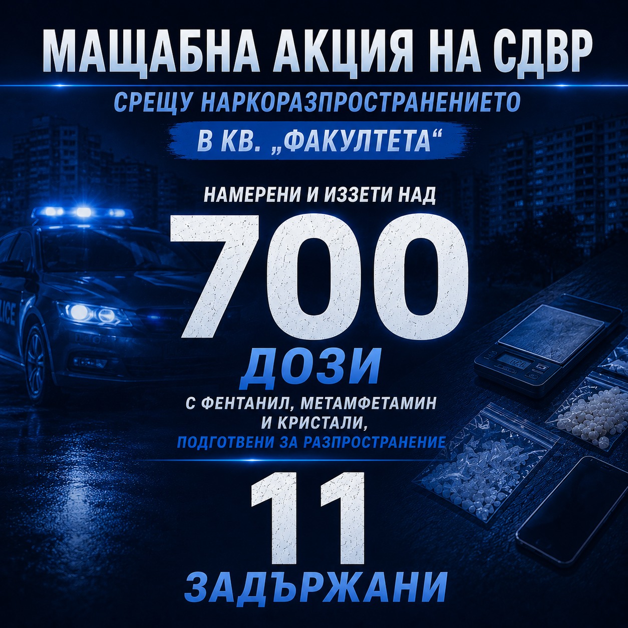 11 задържани и над 700 дози наркотици иззети при акция на СДВР във  Факултета