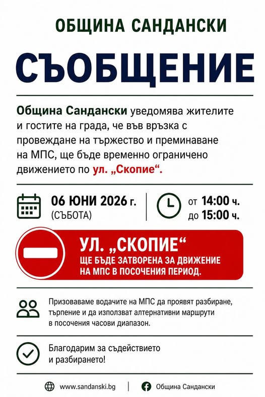 Затварят за час движението по ул.  Скопие  в Сандански