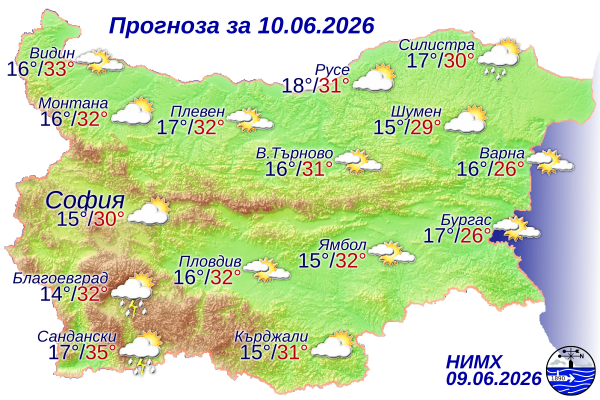 Слънчево време с следобедни превалявания в планините и североизтока, горещо до 35° в сряда Слънчево време с следобедни превалявания в планините и североизтока, горещо до 35° в сряда