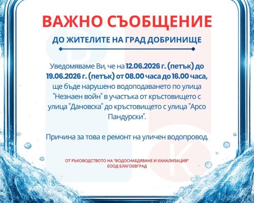 Ремонт на уличен водопровод в Добринище: ограничения във водоподаването от 12 до 29 юни 2026 г.