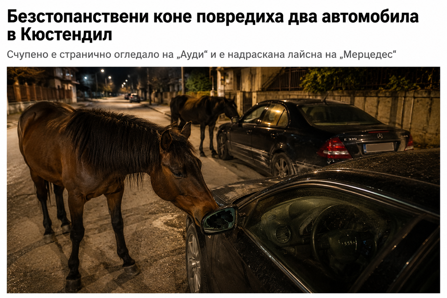 Безстопанствени коне повредиха два автомобила в Кюстендил