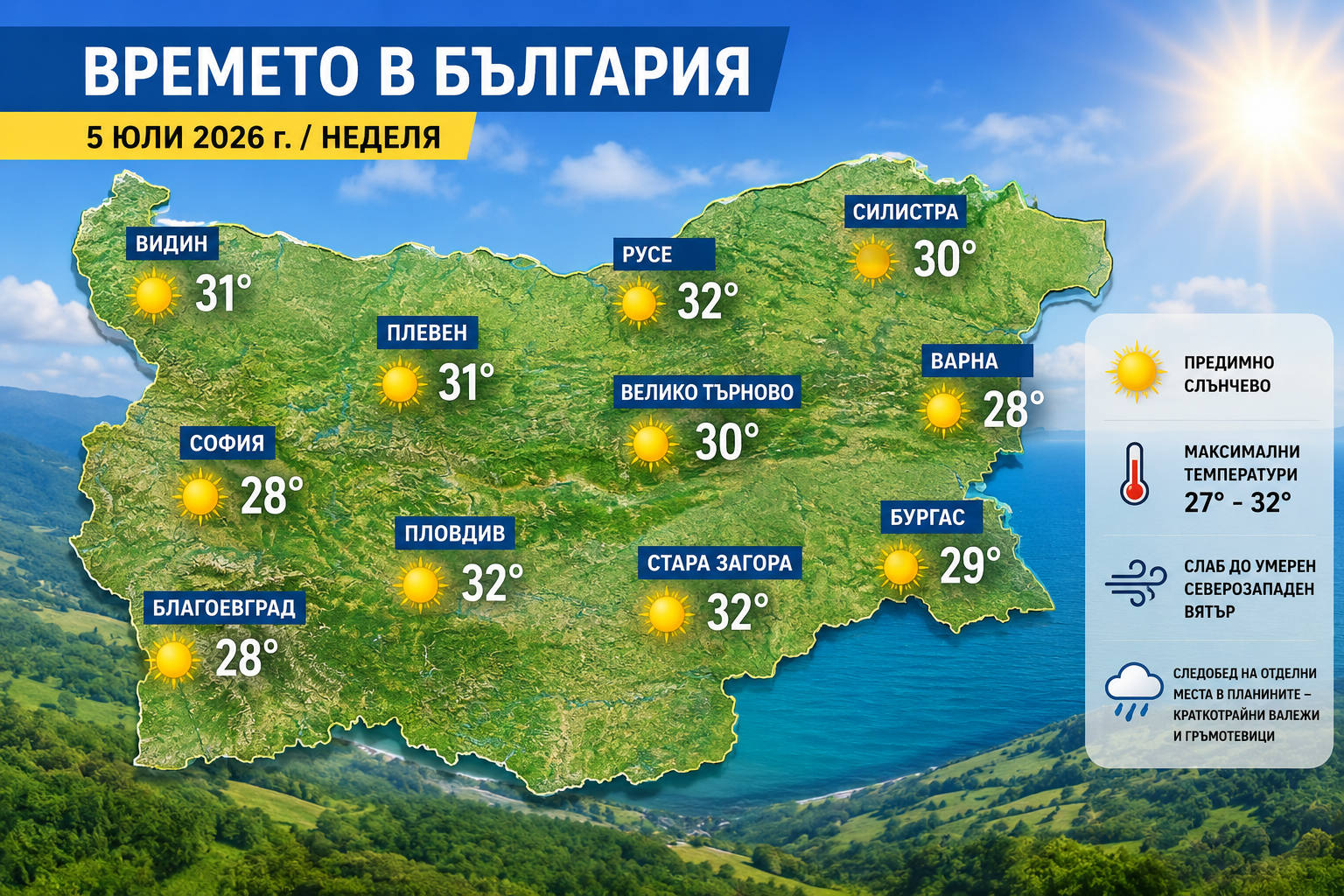 Слънце, слаб вятър и до 32°-прогнозата за неделя