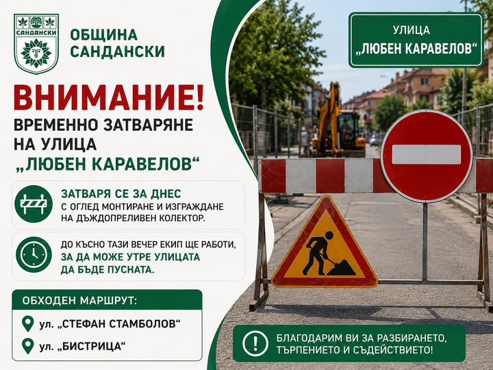 Временно затваряне на ул. Любен Каравелов в Сандански Временно затваряне на ул. Любен Каравелов в Сандански