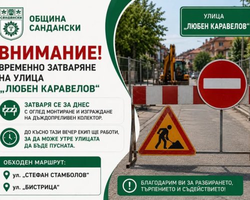 Временно затваряне на ул.  Любен Каравелов  в Сандански