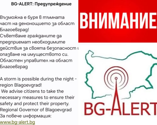BG-ALERT предупреди за възможни бури в област Благоевград