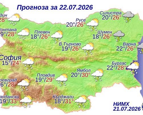 Времето на 22 юли 2026 г.: Захлаждане, гръмотевични бури и градушки