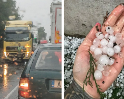 Свирепа буря удари България!: Огромна градушка и паднали дървета-два града са под вода, блокирани са пътища